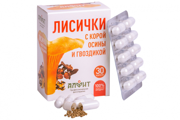 Анализ продукта «Лисички с корой осины и гвоздикой» 30 капсул по 460 мг, Алфит