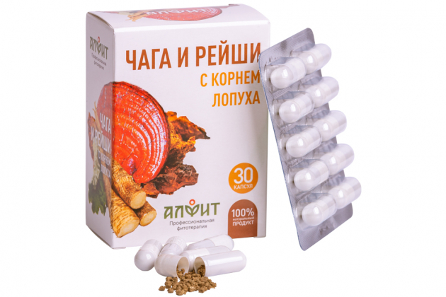 Анализ продукта «Чага и рейши с корнем лопуха» 30 капсул по 400 мг, Алфит
